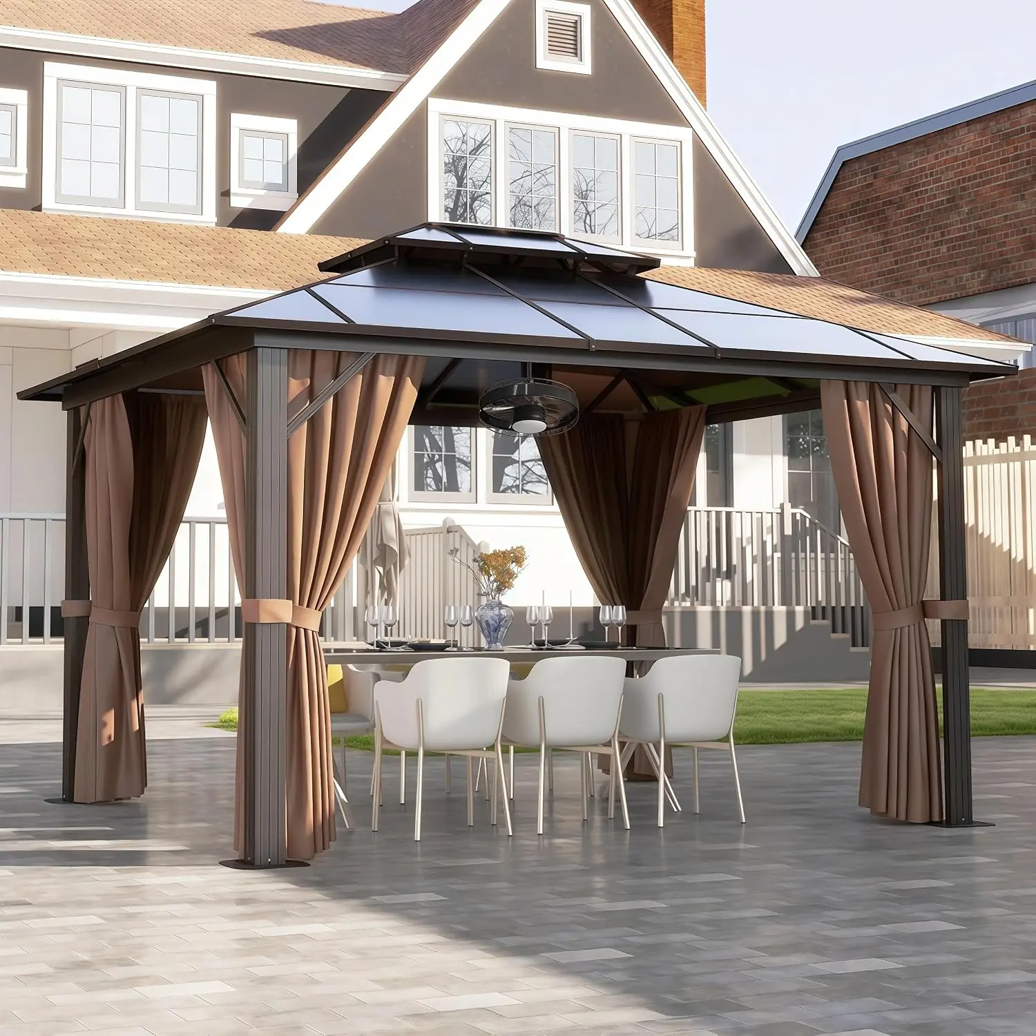 Jolydale Hardtop Gazebo, Aluminum FramePermanent Pavilion with Curtains and Netting, OutdoorPolycarbonate Double Roof Canopy, for Garden, Lawns,Patio
