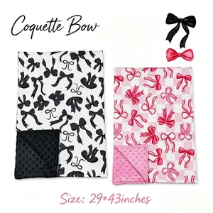 29"x43" Coquette Bow Print Baby Soft Minky Blanket | Black /Pink Infant Security Blanket