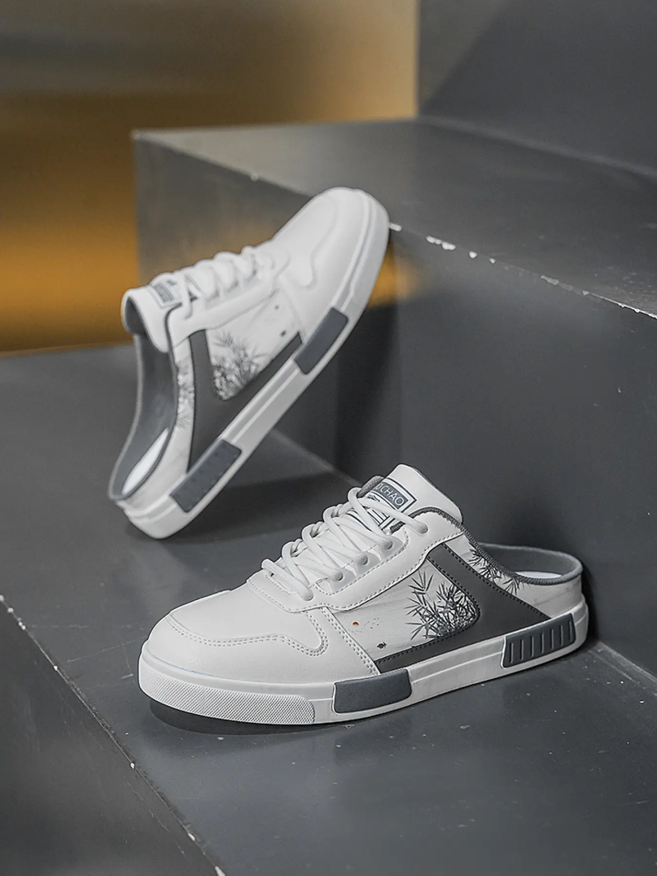 Plus Size Men's Black-White Bamboo Pattern Mule Sneakers, Chinese Style Light Cool Style, Leather Paneling + Mule Slip-On Design + Bamboo Pattern Decor, Chinese Style Eye-Catching, Ideal for Plus Size Men's Daily Leisure & Light Outings