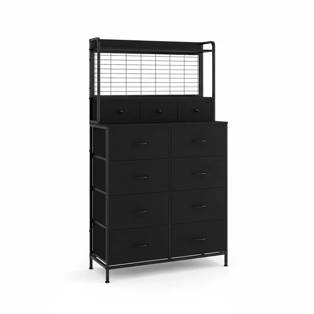56" H Dressers with 11 Fabric Drawers, Wooden Chest of Drawers with Charging Station, Industrial Storage Organizer for Entryway, Bedroom,