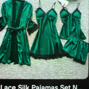 Nightdress Sexy Lingerie Robe for Women - Green Satin Set with Lace Trim and Belted Design