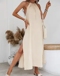 Women's Stunning Backless Halter Maxi Dress Elegant Split Hem Summer Dress Perfect for Beach Vacation Casual Fabric Boho Elegance Style Summertok