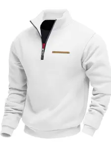 Men's Plain Fleece Half-Zip Sweatshirt, Loose Casual Long Sleeve Pullover, Spring & Fall Daily Wear, Pockets Design, Zipper Style