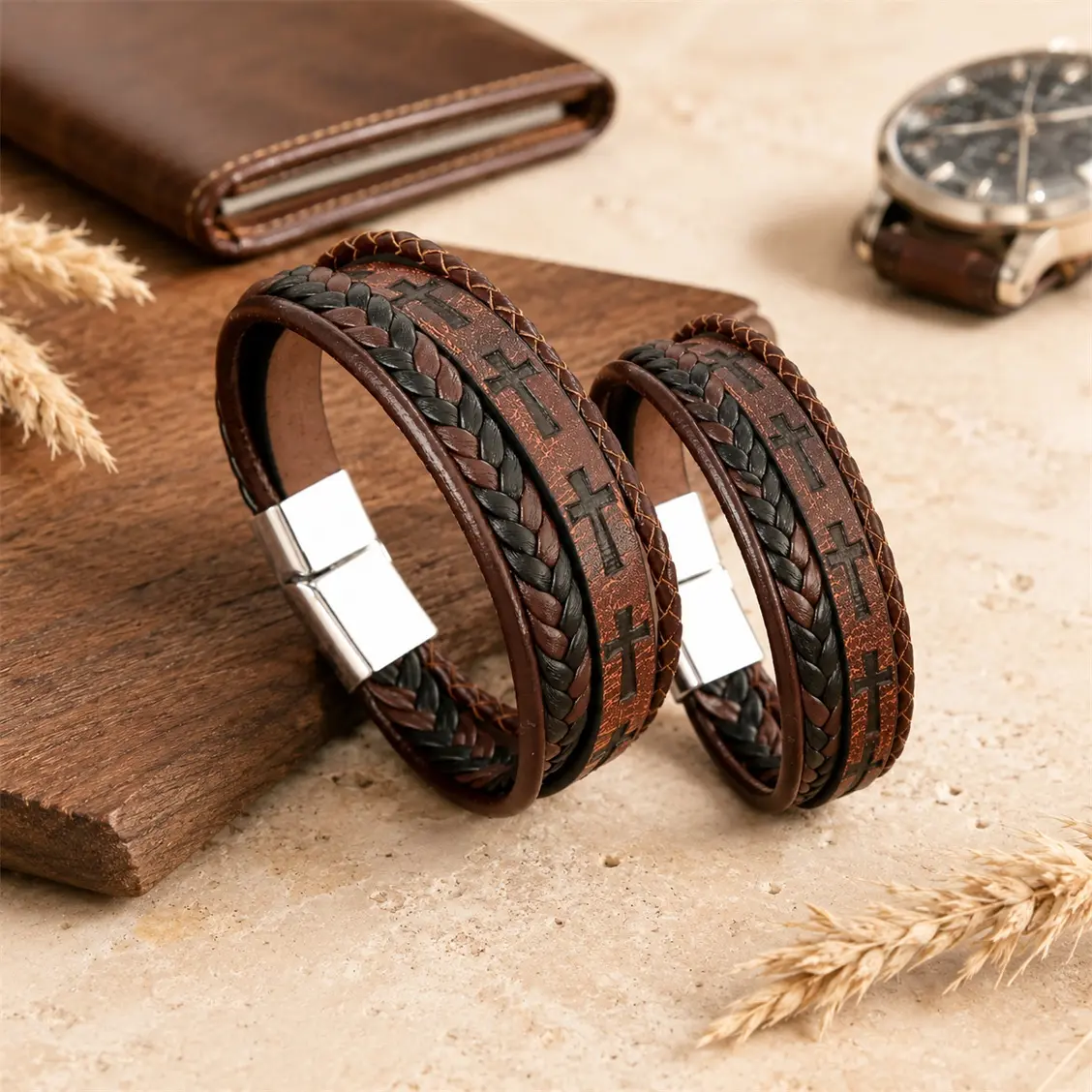 Men’s Leather Cross Bracelet, Braided Leather Wristband with Alloy Magnetic Clasp, Vintage Christian Faith Jewelry, Casual Layered Bracelet for Daily Wear, Gift for Men