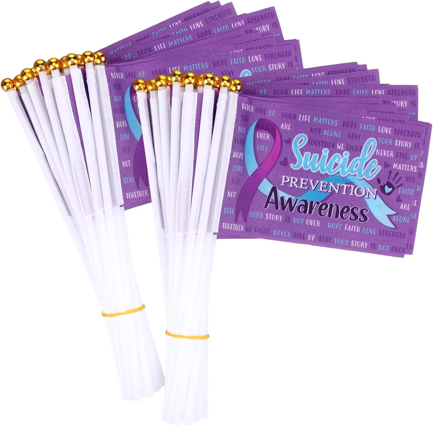50-Piece Lightweight Purple Ribbon Handheld Stick Flags for Suicide Prevention Awareness, Charity Events, Parades