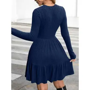 Women's round neck slim fit solid color knitted sweater dress, 7 colors, autumn and winter long sleeved A-line skirt, waist cinching slimming fashionable knitted dress, suitable for shopping, dating, and gatherings.RAIMENTRY