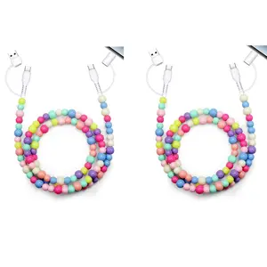 2 PCS Pearl-Decorated Charging Cable 2-in-1 USB-C & Lightning 3.3ft Fast Charger Cord for Women Colorful Beaded Design Buy 1 Get 1 Free