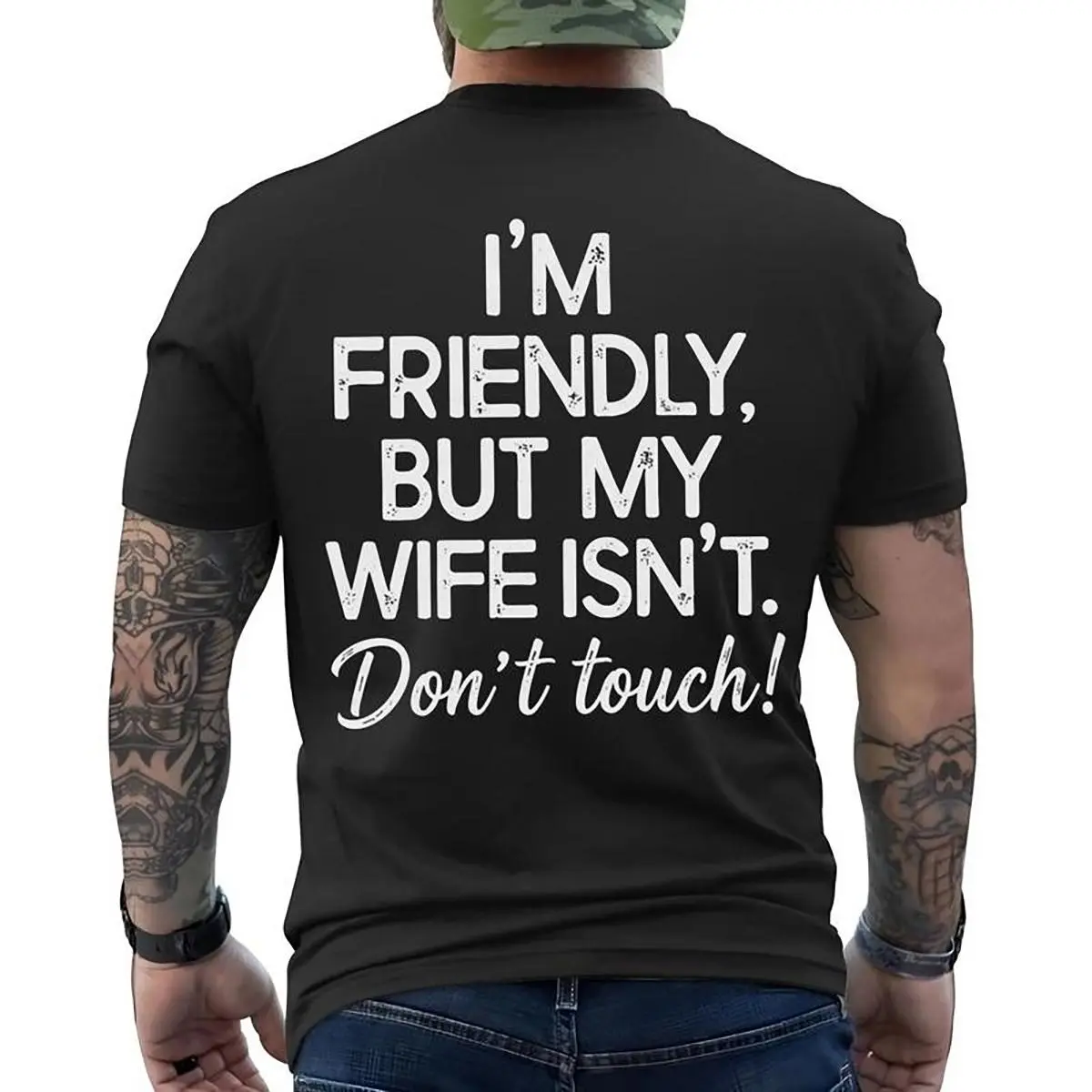 Women's Pure Cotton Casual Tee - Unisex Round Neck Short-Sleeve Graphic Print Top with 'I'm Friendly But My Wife Isn't' Quote, Soft Relaxed-Fit, Funny Vibes Streetwear