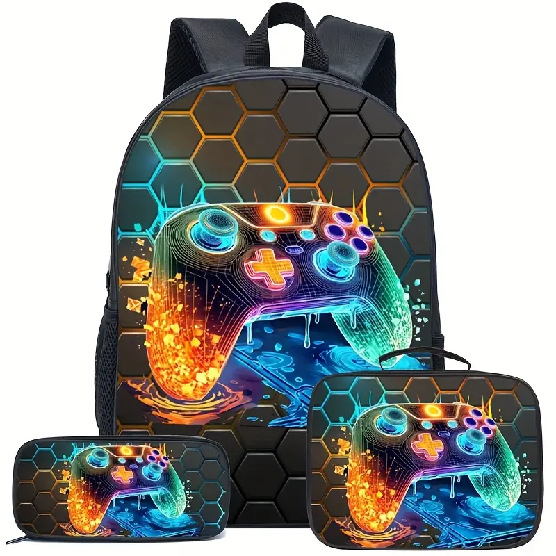 Fashionable patterned backpack, large-capacity three-piece school bag set for boys, made of polyester, with game console print