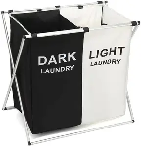 Laundry Basket 2 Section,Dirty Clothes Hamper,Foldable Laundry Sorter, Laundry Hamper With Side Pocket(Black and White)