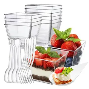 400-Pack Includes 100 Pcs 4oz Square Mini Dessert Party Cups With Spoons & 100 Pcs Teardrop Appetizer Plates With Forks, Reusable Clear Plastic Party Tableware Pack For Desserts, Weddings, Valentine's Day, New Year, Back To School, And Easter.