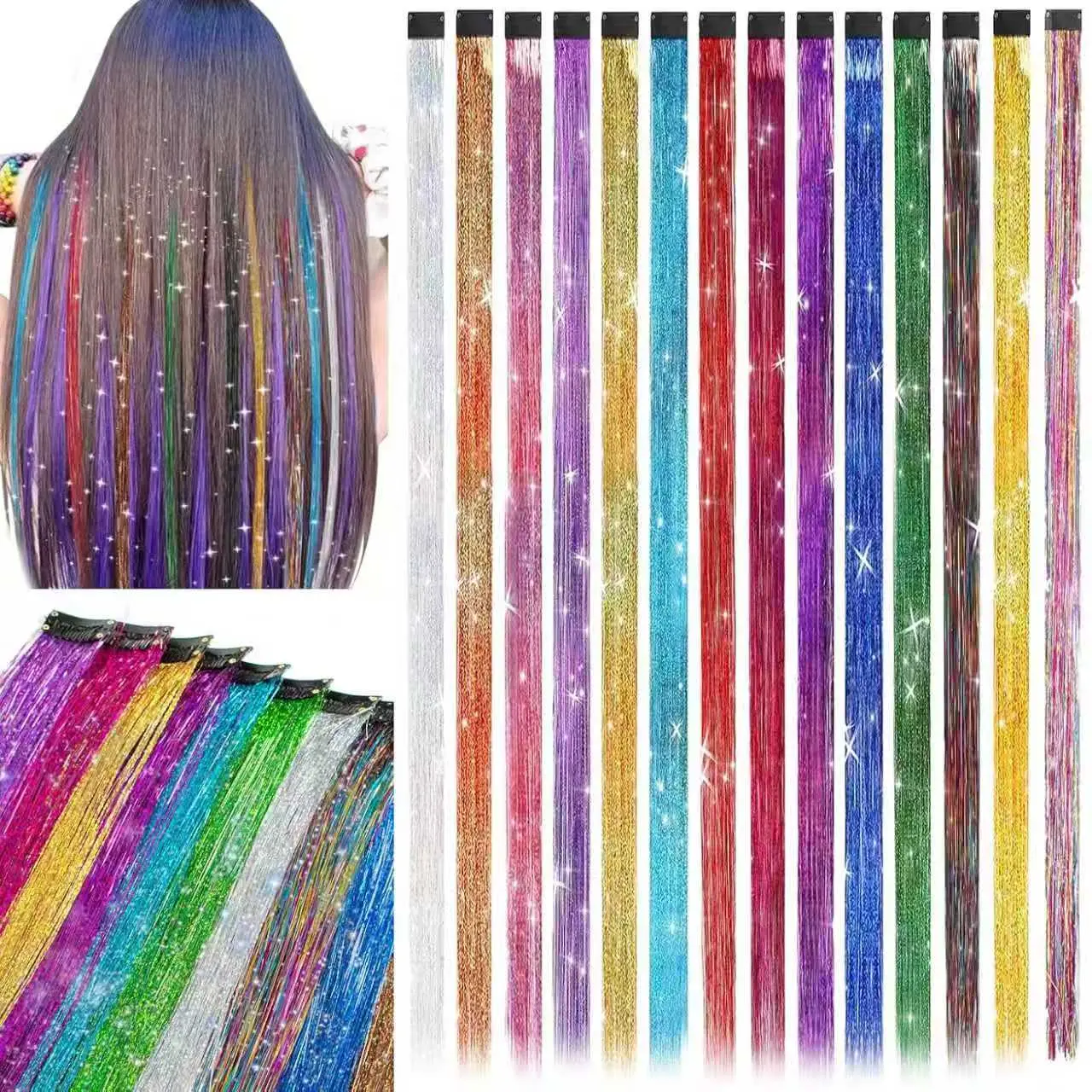 Hair Tinsel 5Pcs Clip in Hair Tinsel Extensions 20 Inch Fairy Hair Tinsel Kit for Girls Women Glitter Hair Accessories for Christmas Halloween Cosplay Party