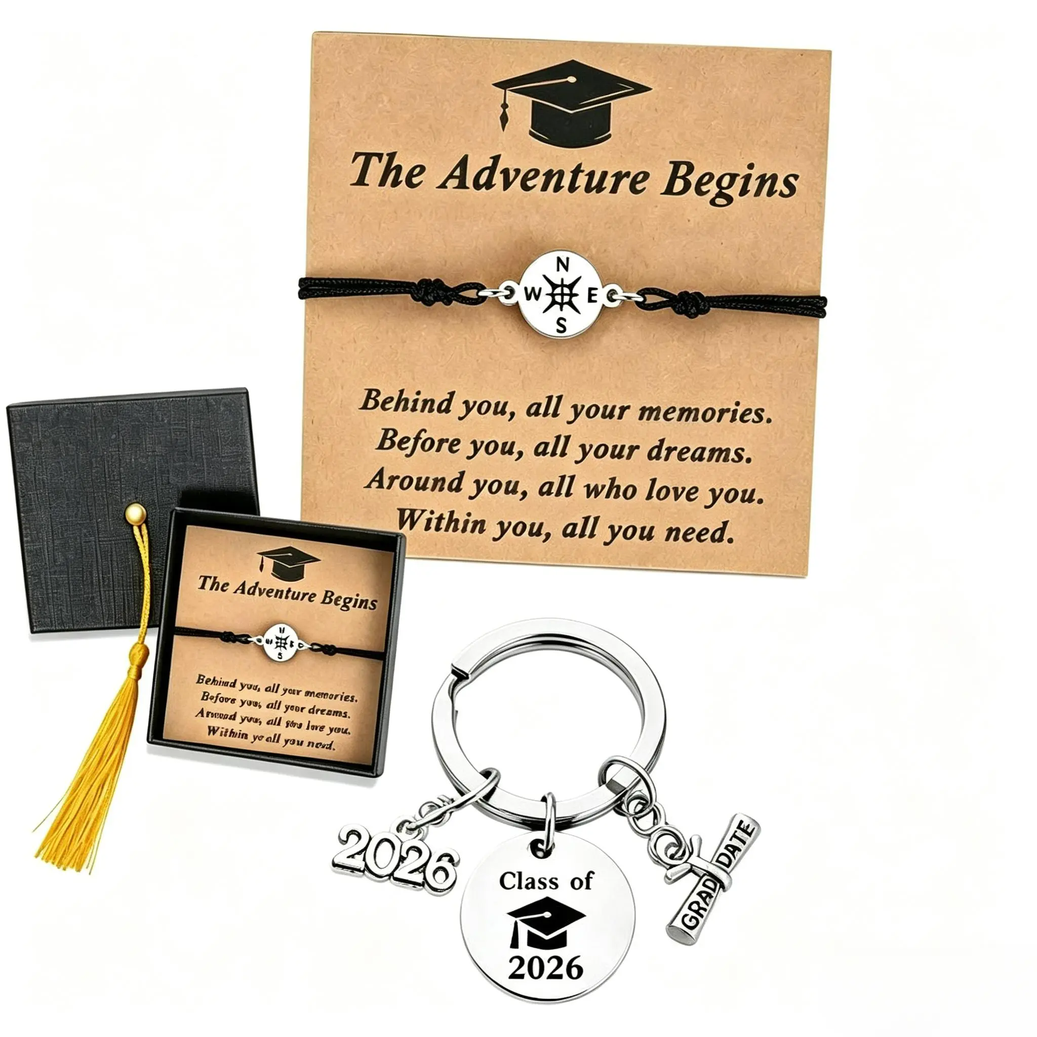 Class of 2026 Graduation Gift Set – Stainless Steel Charm Bracelet & Keychain Combo for Her Him, Cool Teen Girl Boy Senior Nurse Daughter Student