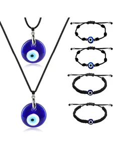 6 Piece Bracelet Necklace Set for Women Men Evil Eye Turkish Protection Lucky Pendant Necklace Blue Eyes Evil Eye Weave Bracelets Pair Adjustable Jewellery (Black and Red), Alloy Steel Trendy Jewelry Set Jewellery Gift Set