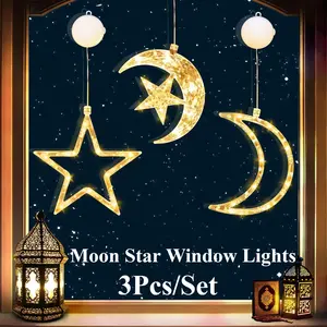 3 Pack Eid Mubarak Decorations with Suction Cup,Hanging LED Battery Operated Ramadan Lights Indoor Outdoor Eid Decor,Ramadan Decorations Moon Star Window Lights,Hand Tools Kits