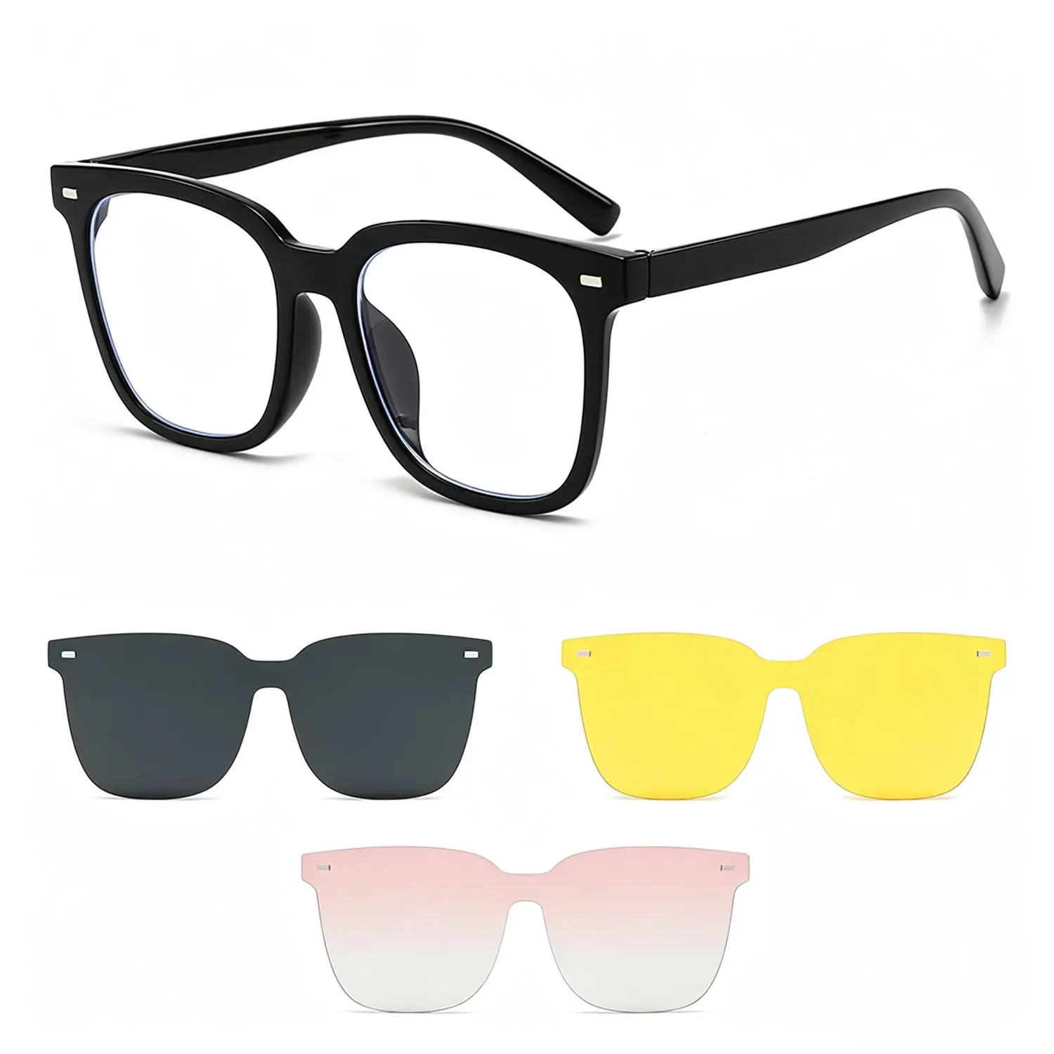 3-in-1 Magnetic Clip-On Glasses, Square Frame Night Vision & Sun Shades, Fashion Driving Glasses for Men & Women Unisex Square
