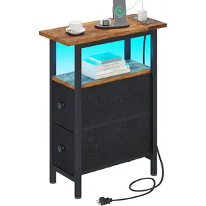 End Table with  Station, Narrow Side Table with 2 Fabric Drawers, Skinny Nightstand with LED Light, Slim Bedside Table for Bedroom, Living Room, Small Spaces, Rustic Brown and Black