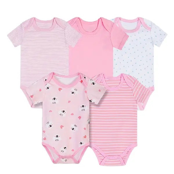 JY.COZY Baby Clothing 5-Piece Organic Cotton Fitted Crew Neck Printed Bodysuit Set, Breathable Star Print Snap-Button Infant Pajamas Homewear for Boys & Girls
