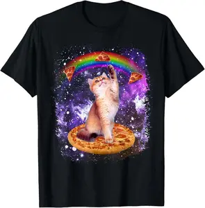 100%25 Cotton Space Cat Pizza Rainbow Cat Galaxy Cute Kitty In Space T-Shirt