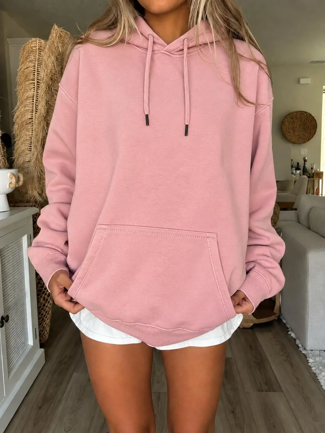 men's and women's matching ribbed comfortable cotton t-shirt with kangaroo pocket design, long-sleeved hooded pullover - loose oversized style, a must-have item for autumn and winter casual wear.