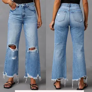2026 New Wide Leg Pants Tassel Washed Tie-Dyed Ripped High Waist Jeans Straight Casual Trousers For Women Womenswear Bottom Peng