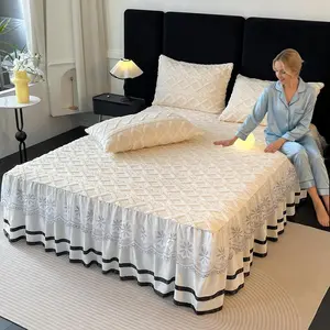 Taffeta Embroidered Bedskirt Set, Includes One Bedskirt and Two Pillowcases, Non-Slip Mattress Protector, Warm Soft, Fall Winter Use, Bedding Accessories, Bedroom