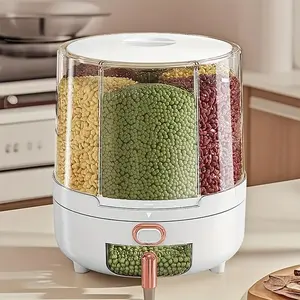 Large Capacity 360 Degree Rotatable Six-compartment Grain Dispenser, Dispensador De ArrozRice, Grain storage containers, Cereal Dispenser, with Measuring Cup, One-click Accessible,Suitable for Grain,Pet Food, Millet,Intelligent Quantitative Design.