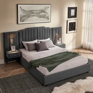Luxury Queen Size Bed Frame with Headboard and Built-in LED Lights and Nightstands, Velvet Upholstered Platform Bed with Storage, No Box Spring Needed