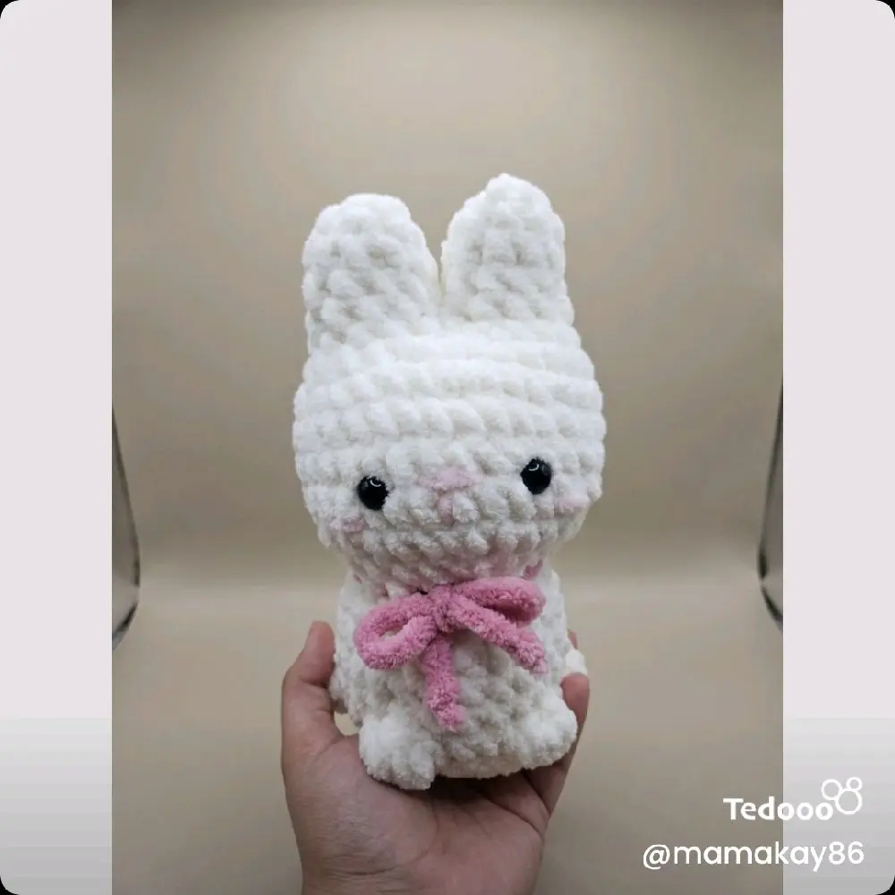 Crochet Bunny Plush Toy with Pink Bow - Soft and Cuddly Handmade Stuffed Animal for Kids