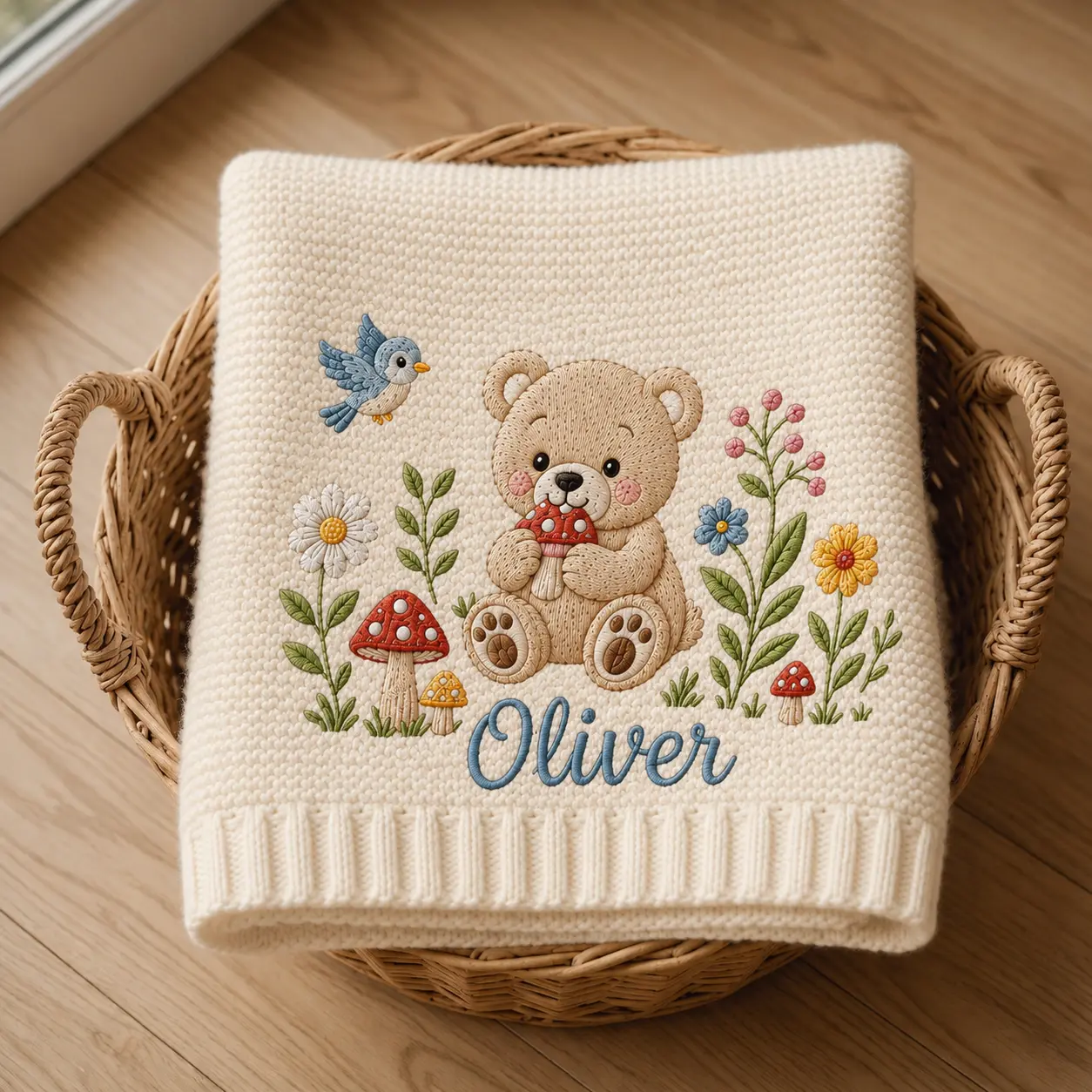 [Made-to-Order] Personalized Bear Embroidered Knit Baby Blanket, Custom Name Forest Baby Blanket, Mushroom Nursery Keepsake, Baby Shower Gift