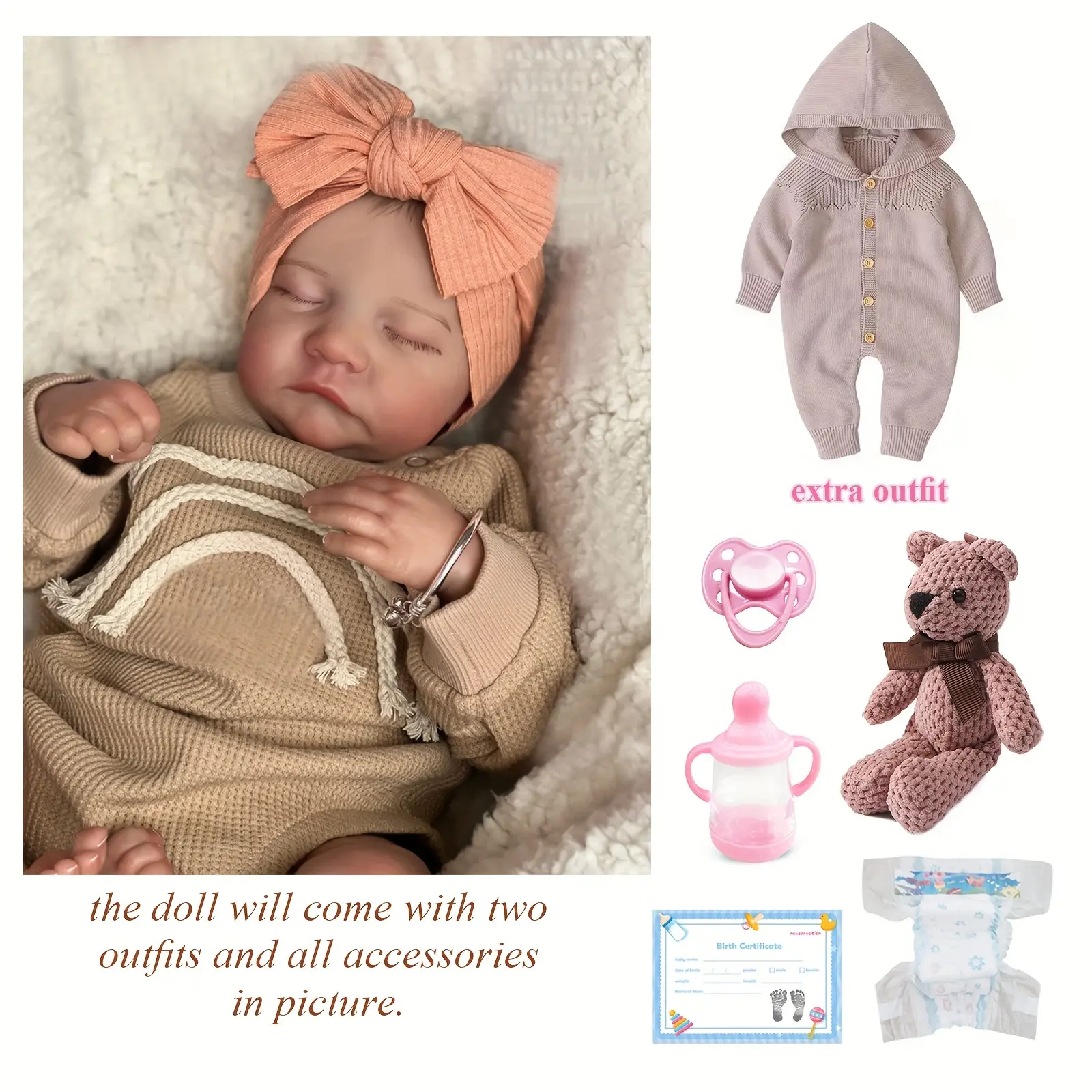 19inch/49cm (Approx.49cm) Reborn Baby Doll, Soft Full Vinyl Realistic Sleeping Newborn, Handpainted Lifelike, Can Take Bath, Cannot Cry and Smile, 2 Outfits Included, Birthday/Christmas Gift for Toddler Girls
