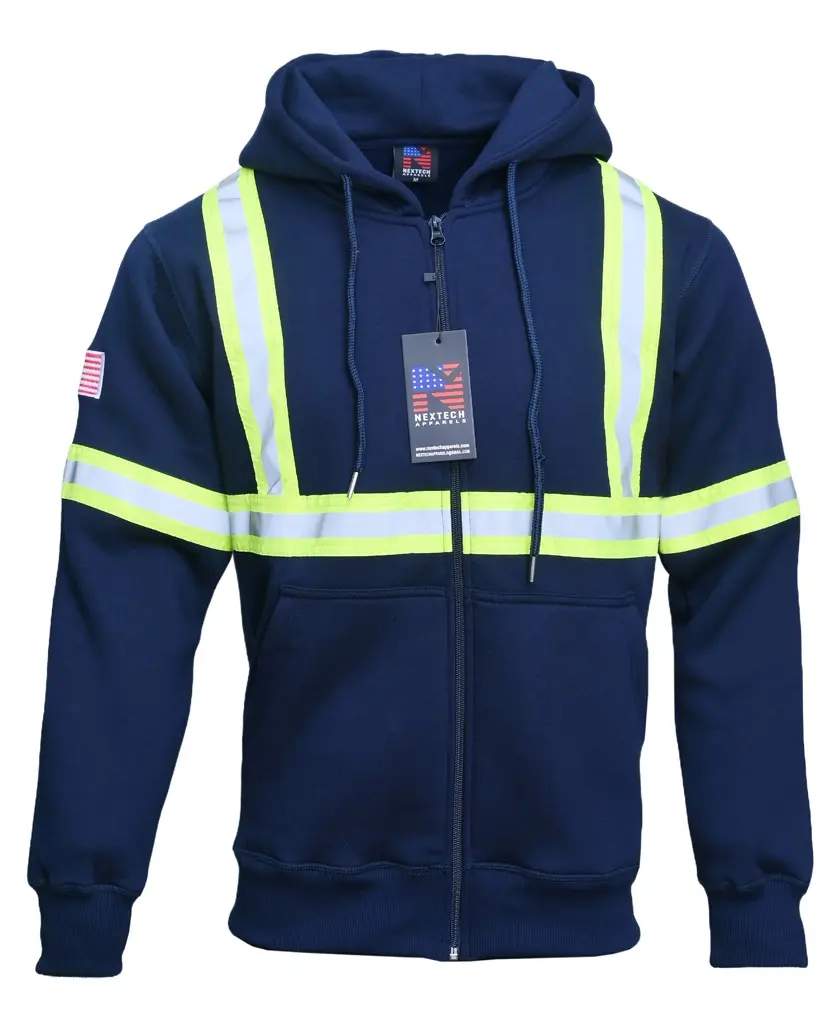 NEXTECH FR HOODIES High Visibility 12.2 oz Cotton Fleece Zipper Hi Visibility Flame Resistant Reflective Hooded Sweatshirts for Maximum Safety