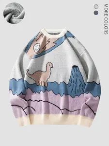 Vintage Dinosaur Pattern High Neck Sweater, Casual Fitted Long Sleeve Knit Pullover, Unisex Streetwear for Fall & Winter