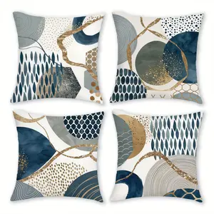 4pcs, Bohemian-Themed Throw Pillow Covers, Bohemian Navy & Golden Watercolor Geometric, Navy Golden Abstract Shapes for Bed Sofa Couch Decorative Pillowcases, Single Sided Printing, No Pillow Core
