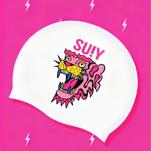 New Silicone Printed Swim Cap, Women's Long Hair Oversized Fit, Waterproof & Non-Restrictive, Ear-Protecting Cartoon Design