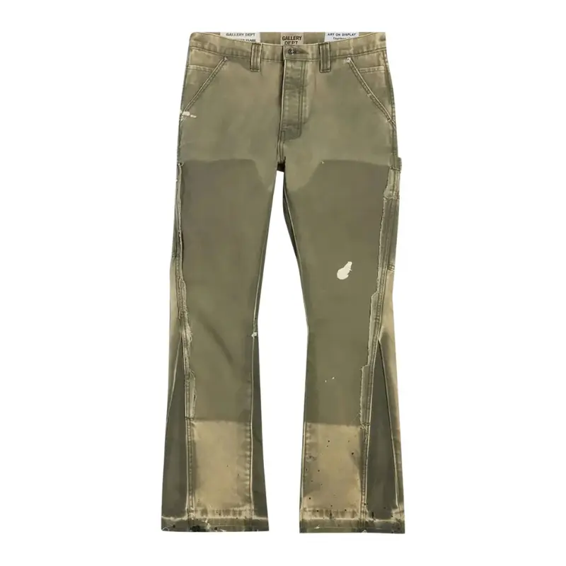 Gallery Dept. 'La Flare' Moss Carpenter Jeans - Men's Menswear Workwear, Oversized Cargo Streetwear, Aesthetic Fashion Bottoms, Distressed, Utility, Jeans Pants, Fabric, Denim, Cotton, Flared, Pocket, Distressed Rips, Full-Length, Aged Vintage Men's Jeans