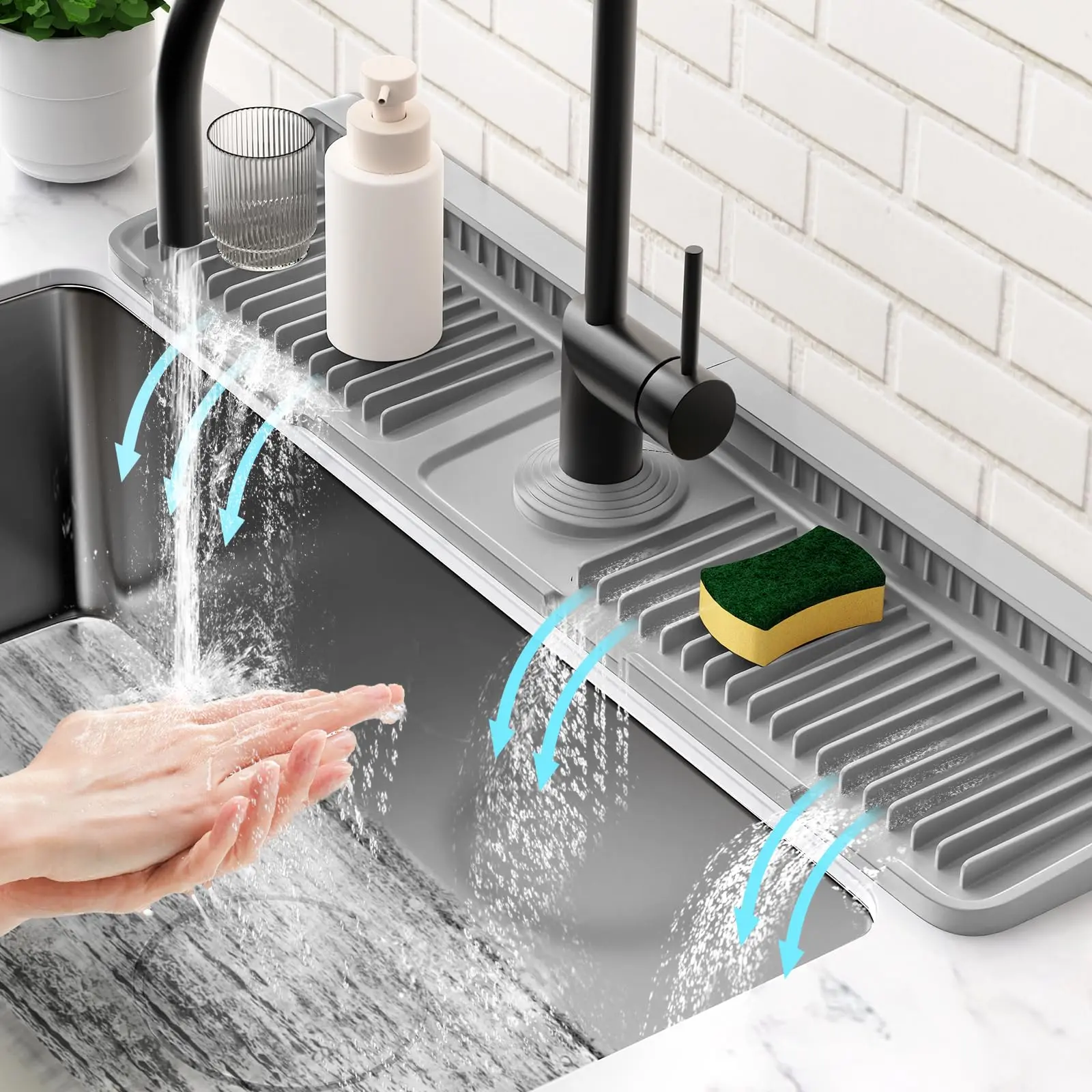 24x5.5" Rectangular Kitchen Sink Splash Guard Mat, Functional 1-Piece Home Care Supply with 7° Slope Fast Self-Draining, Easy Install Snap-Locking Fit for Behind Faucet