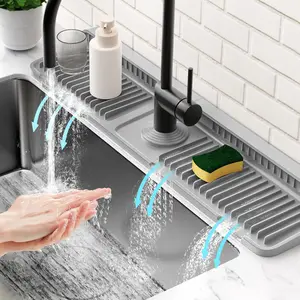 24'' Longer Faucet Mat for Kitchen Sink Splash Guard with 7° Slope Fast Self-Draining Snap Lock Fit Water Splash Guard Behind Faucet Draining Mat