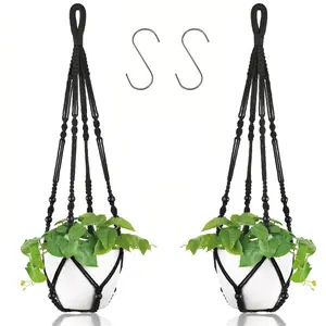2pc Macrame Plant Hanger for Indoor/Outdoor Decorations, Boho Black Decorative Hanging Planter for Plants Holder with 2 Hooks, Planter Basket Suitable for Pots up to 10 Inch