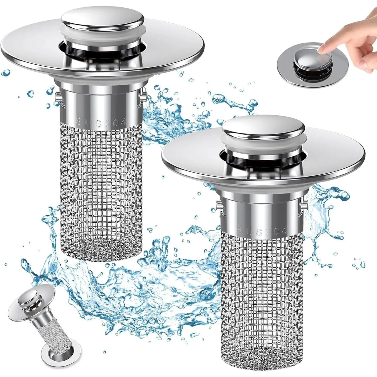 Bathroom Sink Drain Filter Mesh, Reusable Sink Drain Filter with Detachable Stainless Steel Hair Collector Basket, Bathroom Sink Stopper Plug Replacement (2 Pack)