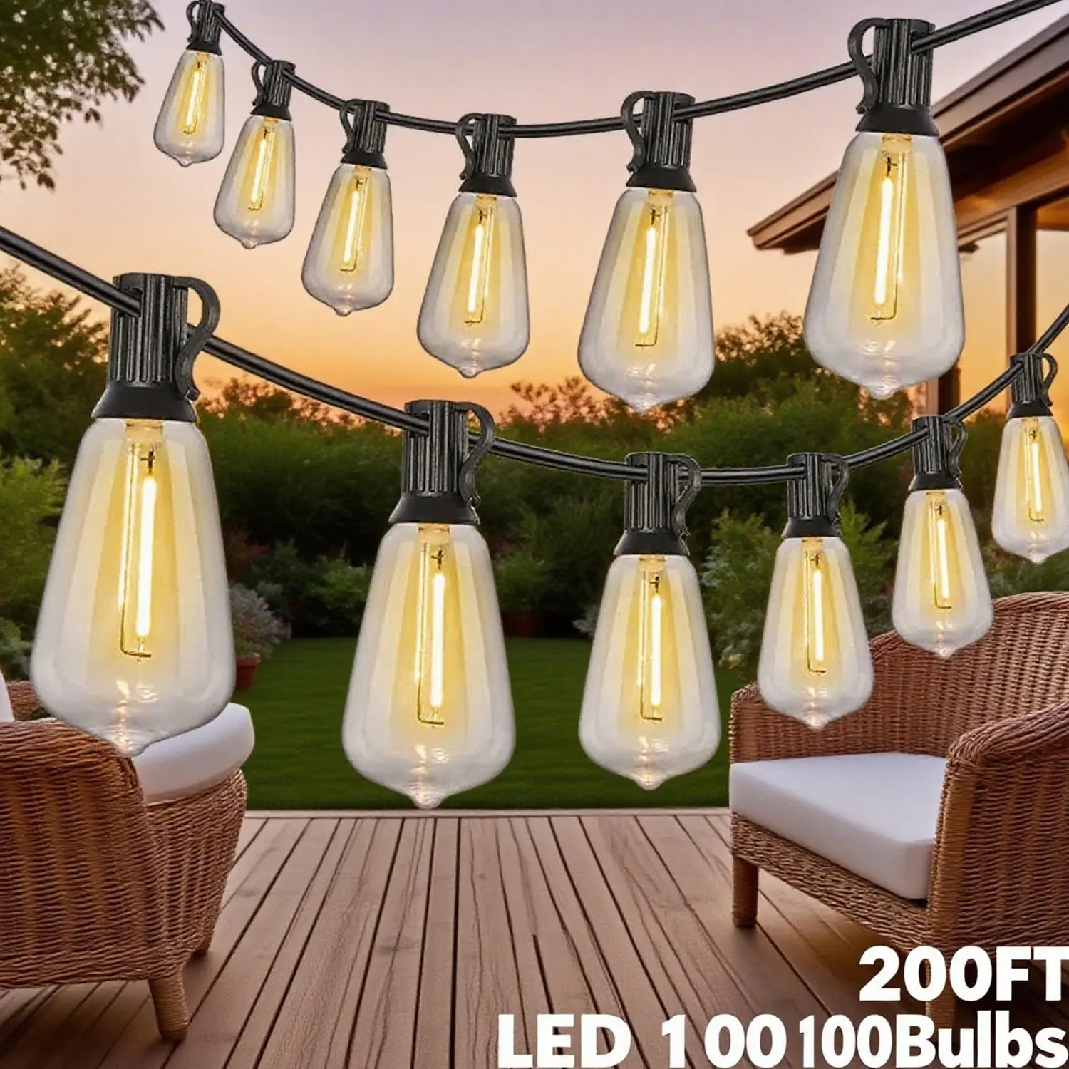 MATULSA  Outdoor String Lights Waterproof, US Plug String Lights for Outside Shatterproof LED Filament Bulbs, Dimmable Hanging Lights for Christmas, Party, Cafe