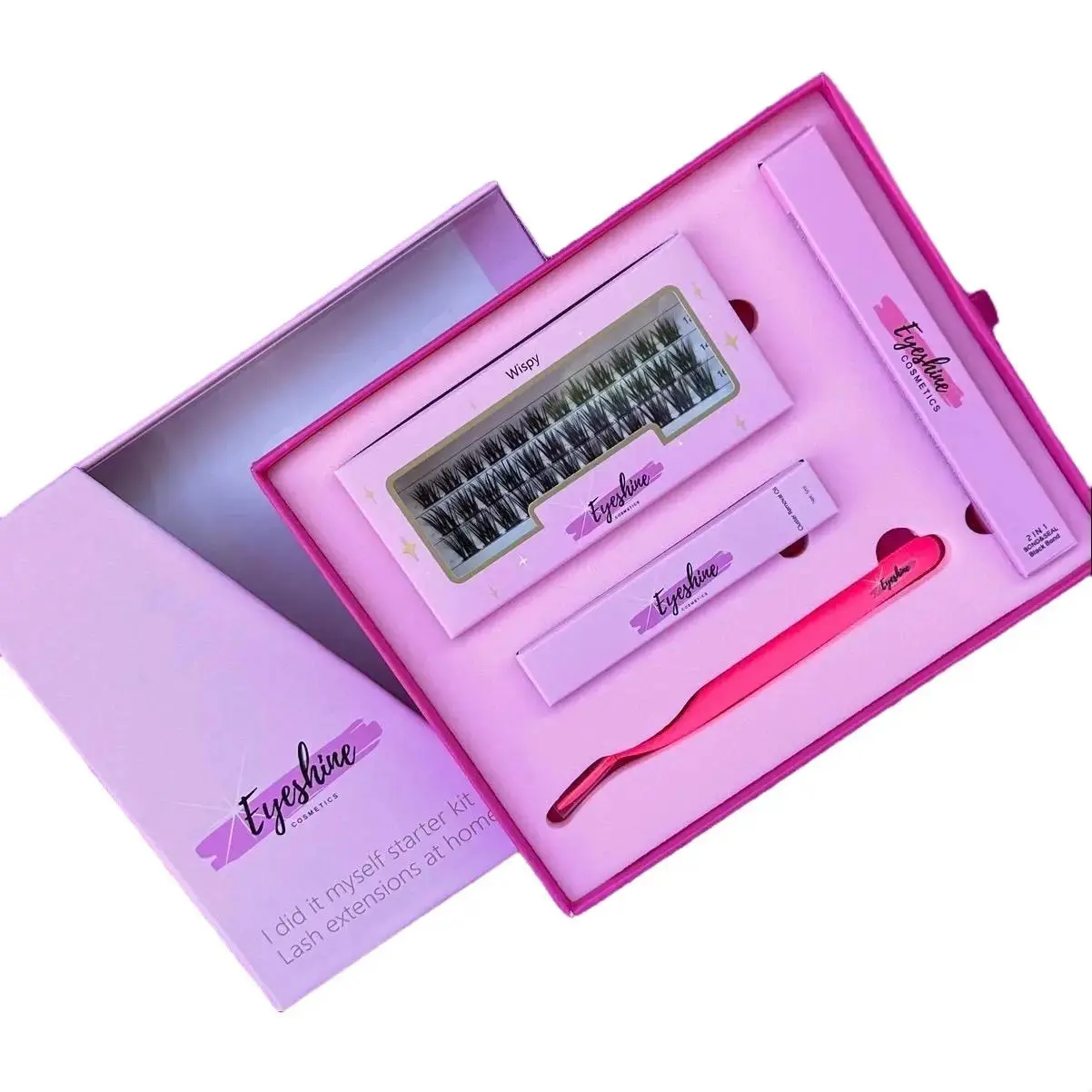 Wispy DIY Lash Starter Kit with D Curl Black Bond and Seal, Pink Application Tweezer, Oil Remover, and Storage Box for False Eyelashes and Extensions