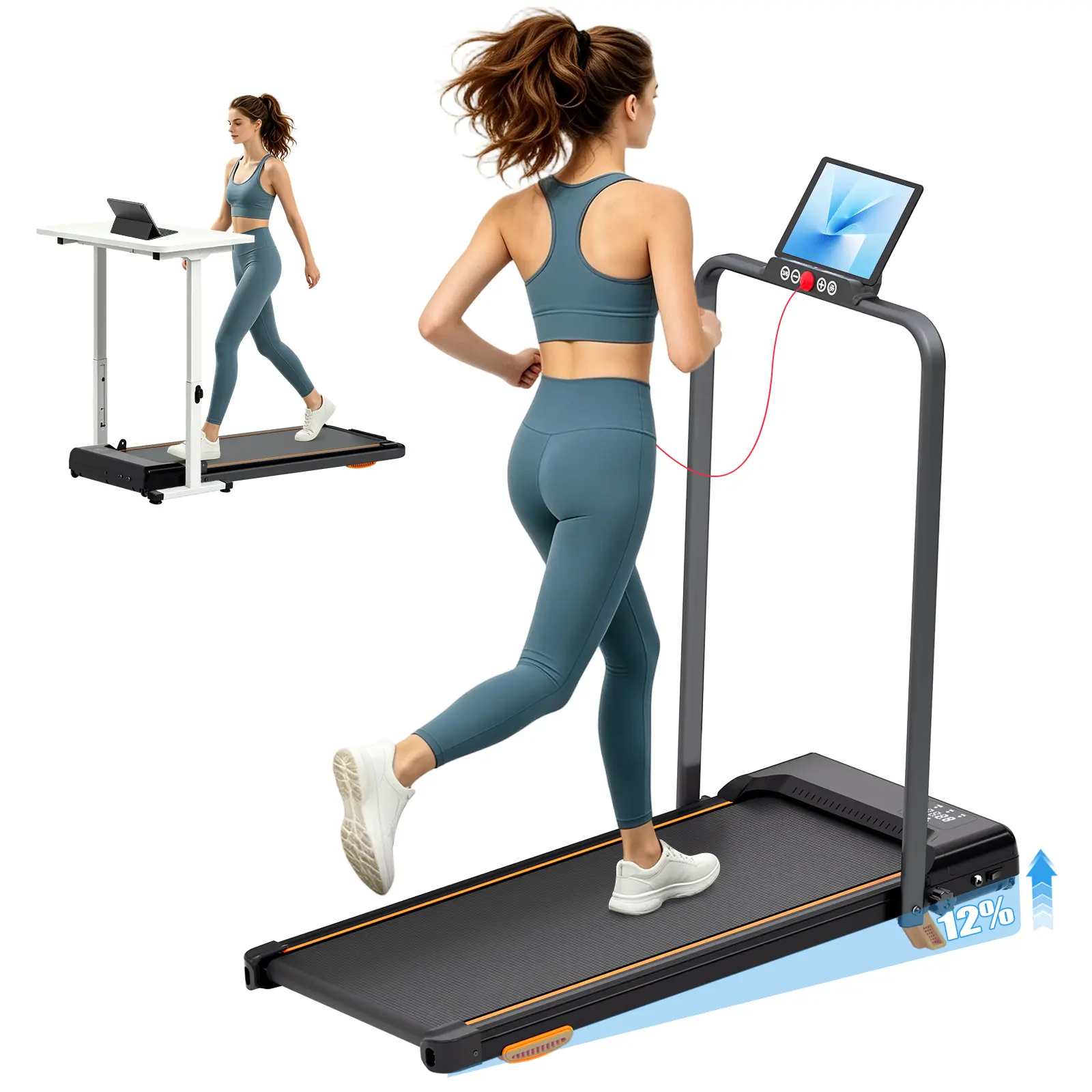 3.0 HP Foldable Treadmill with 12% Incline, 0.6-8MPH Under Desk Walking Pad with Handle Bar, 330 LBS Capacity, Portable Compact Electric Running Machine for Home Office, Quiet Motor, Shock Absorption