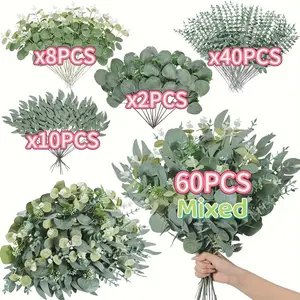Bulk Artificial Eucalyptus Mixed Flowers, 4 Leaf Options, Easy DIY Bouquets, Wedding Holiday Home Decor, Christmas Winter Decoration