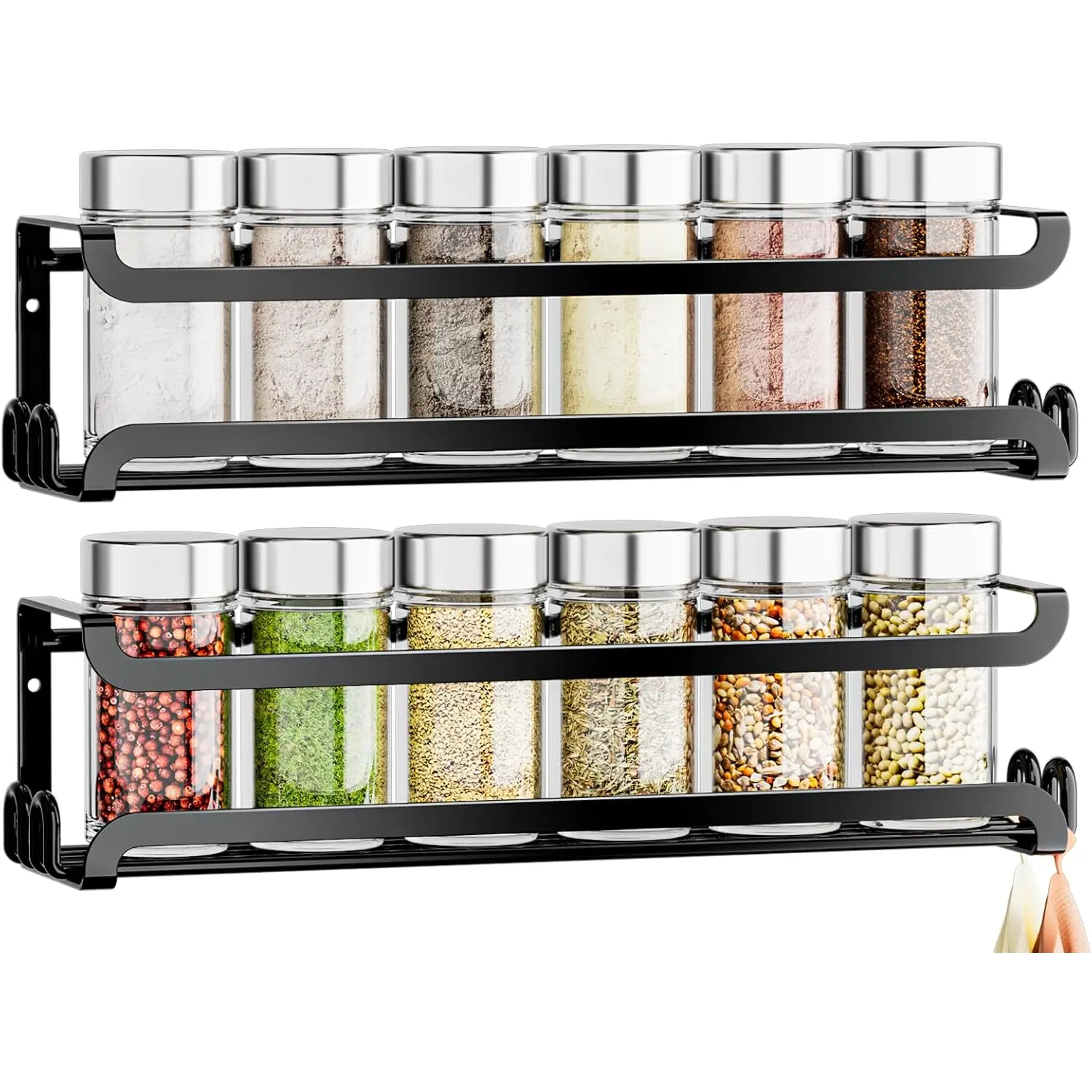 2 Pack Wall Mounted Spice Rack with 8 Hooks, Spice Organizer Shelf for Stove Cabinet Pantry Door,Screw or Adhesive Spice Shelf Hanging Wall Spice Rack in Kitchen and RV (Black, 2 PACK)