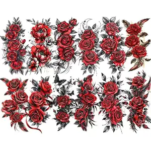 12 Sheets Waterproof Body Art Arm leg Temporary Tattoo Sticker Black Red Rose Butterfly Feather