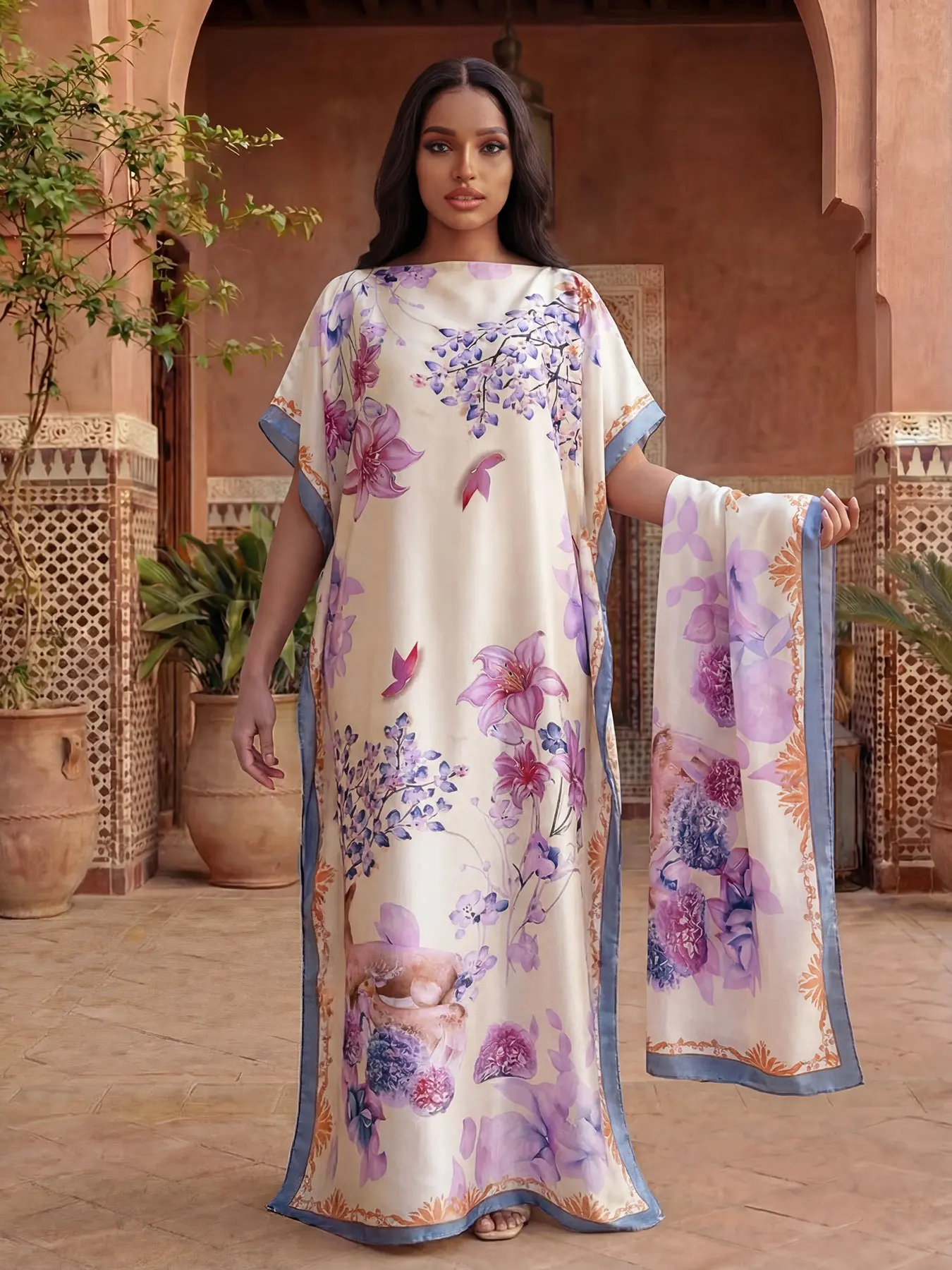 Women's Floral Print Robe Set, Casual Fit Long Dress + 2-in-1 Headscarf Scarf + Hairband, Lightweight Satin Silk Sun Protection Beach Shawl