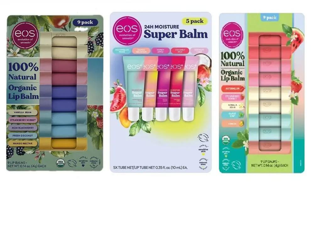 EOS Evolution of Smooth Bulk 100% Natural Organic Lip Balm Variety Pack - Coconut, Strawberry, Vanilla Flavors, Hydrating Youth Beauty Product for Dry Lips with Daily Hydration, Bulk Lip Balm, Beauty Products