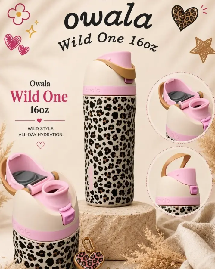 Owala Wild 16oz FreeSip Water Bottle | Wild Pink Leopard Kids Insulated Stainless Steel Bottle with Straw for School, Travel & Everyday Use