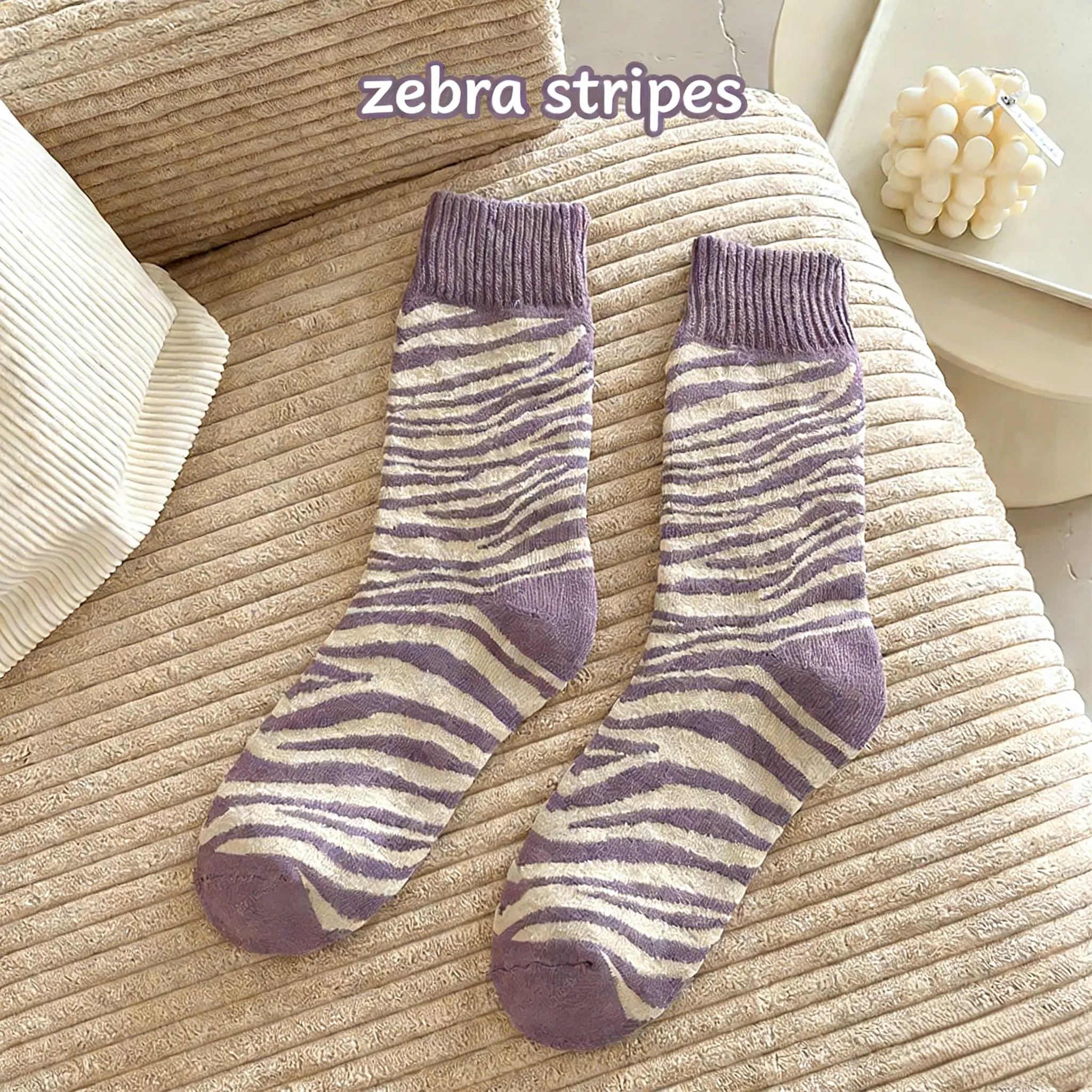 warm 2 Pair Purple Zebra Leopard Spot Pattern Thickened Women's Autumn/Winter Fleece-Added Thick Mid-Calf Socks Purple Thermal Sleep Socks Loop Mid-Calf Socks